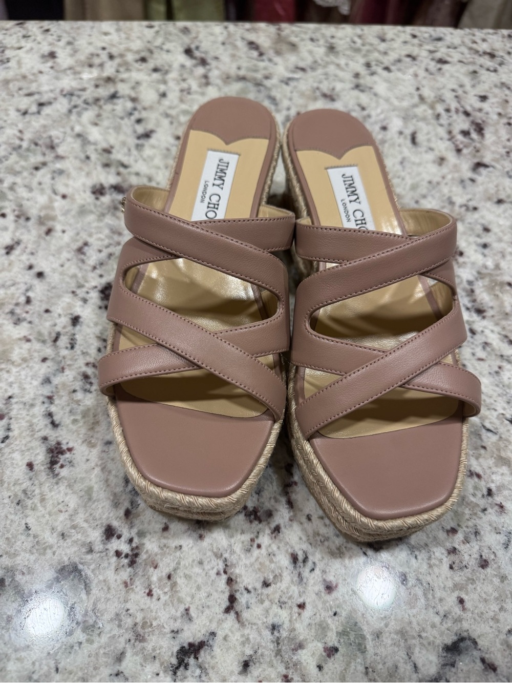 Jimmy Choo Nude/Tan Strappy Espadrille Mule Sandals